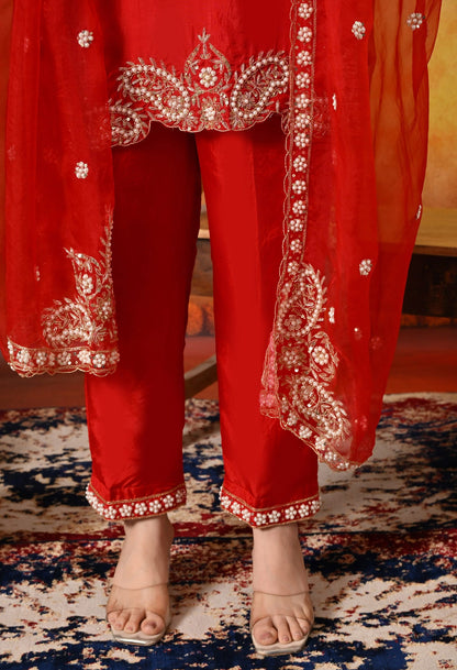 Red Kurta Set with Zardozi, Pearl, Dabka, and Sequin work.