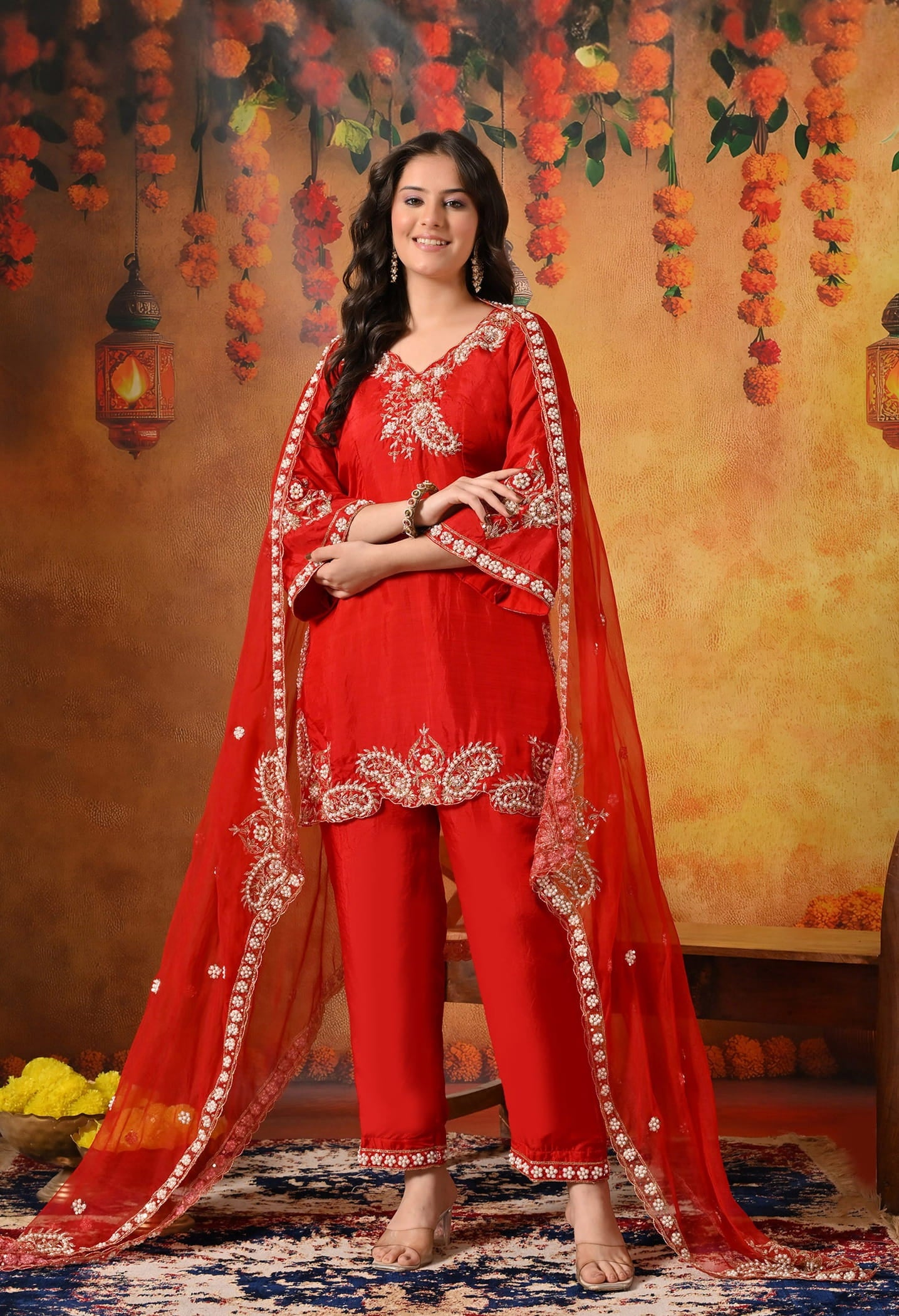 Red Kurta Set with Zardozi, Pearl, Dabka, and Sequin work.
