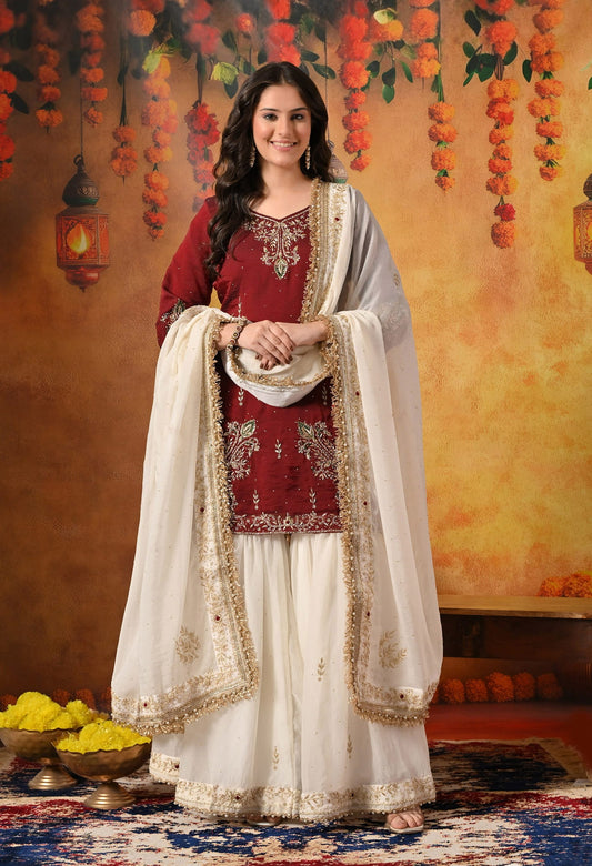 Maroon and Cream Gharara Set with Zardozi, Sequin, Pearl, and Dabka Embroidery.