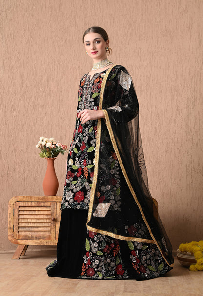 Royal Black Lehnga set with Zardozi, Applique, Thread, Dabka, and Sequence Work