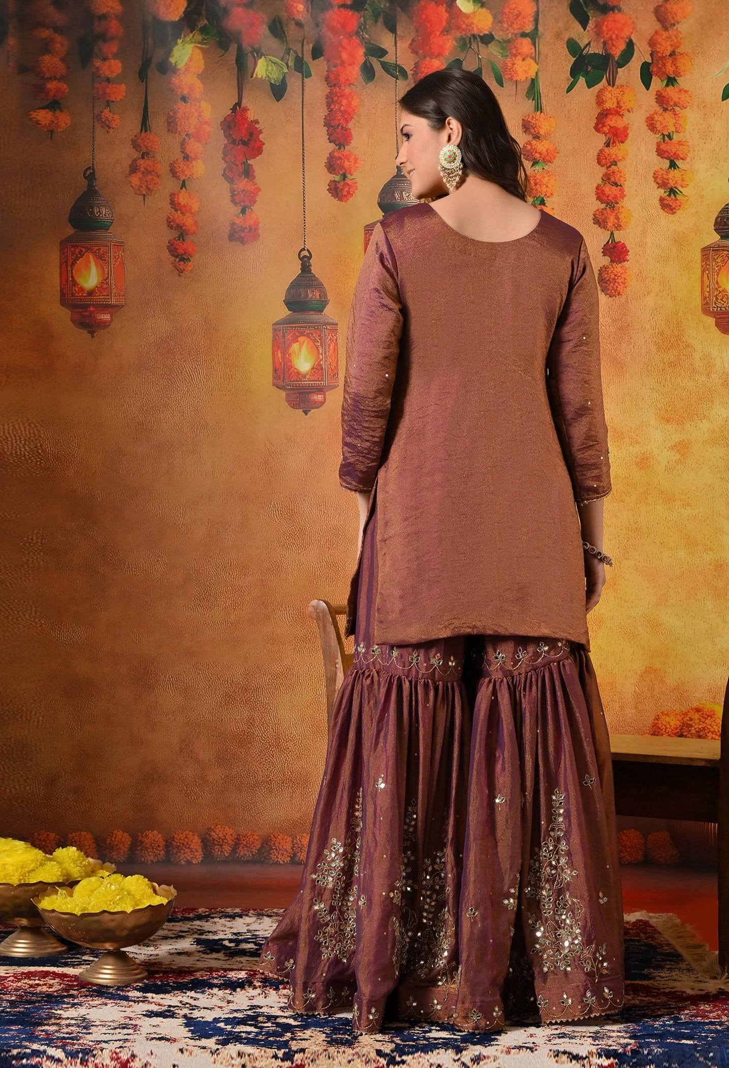 Purple Golden Gharara Set with Mirror, Cutdana, and Sequin work.