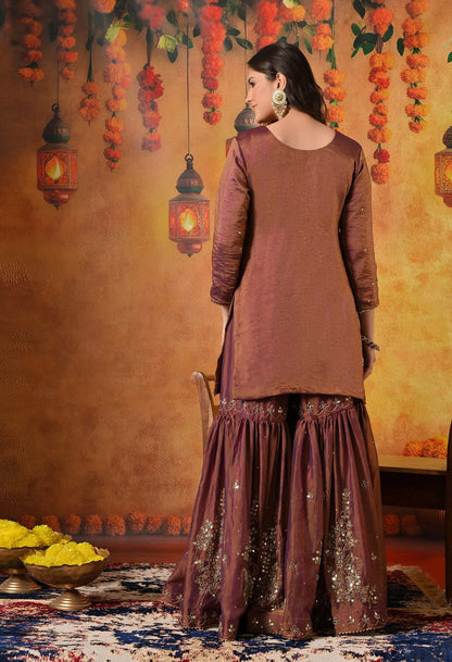Purple Golden Gharara Set with Mirror, Cutdana, and Sequin work.