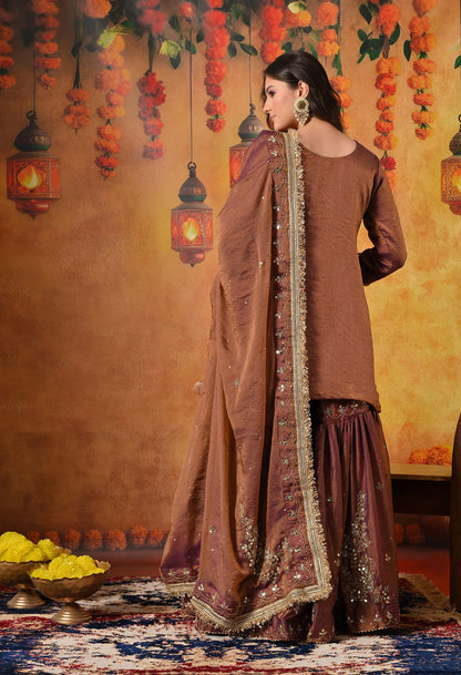 Purple Golden Gharara Set with Mirror, Cutdana, and Sequin work.