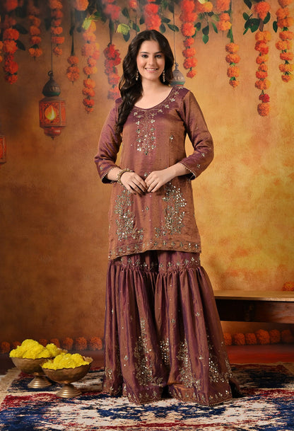 Purple Golden Gharara Set with Mirror, Cutdana, and Sequin work.