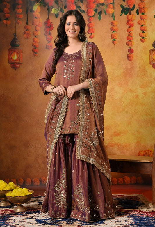 Purple Golden Gharara Set with Mirror, Cutdana, and Sequin work.