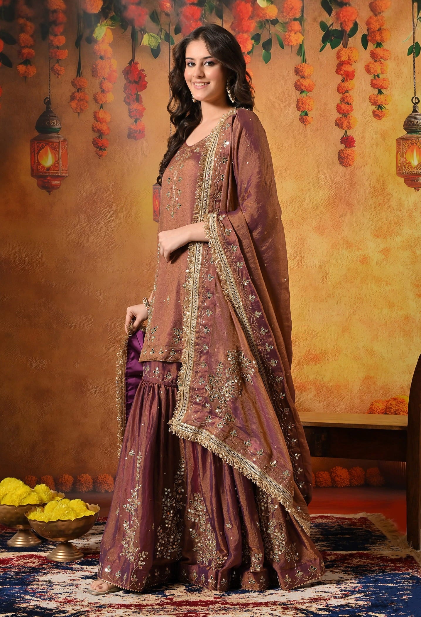 Purple Golden Gharara Set with Mirror, Cutdana, and Sequin work.