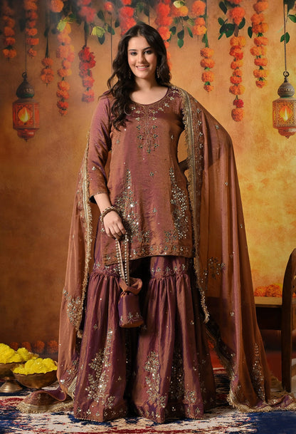 Purple Golden Gharara Set with Mirror, Cutdana, and Sequin work.