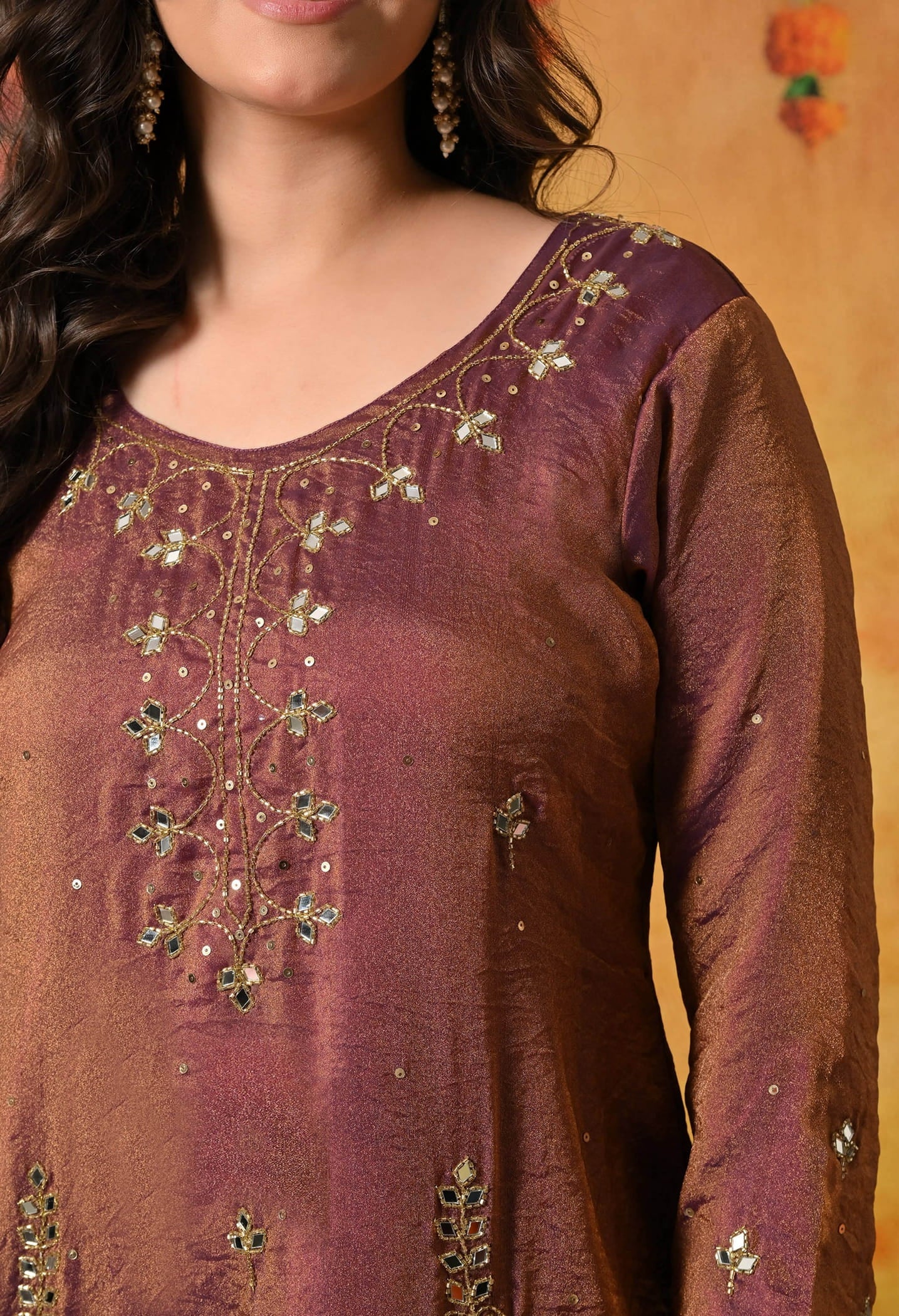 Purple Golden Gharara Set with Mirror, Cutdana, and Sequin work.