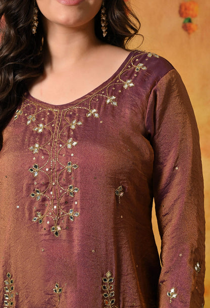 Purple Golden Gharara Set with Mirror, Cutdana, and Sequin work.