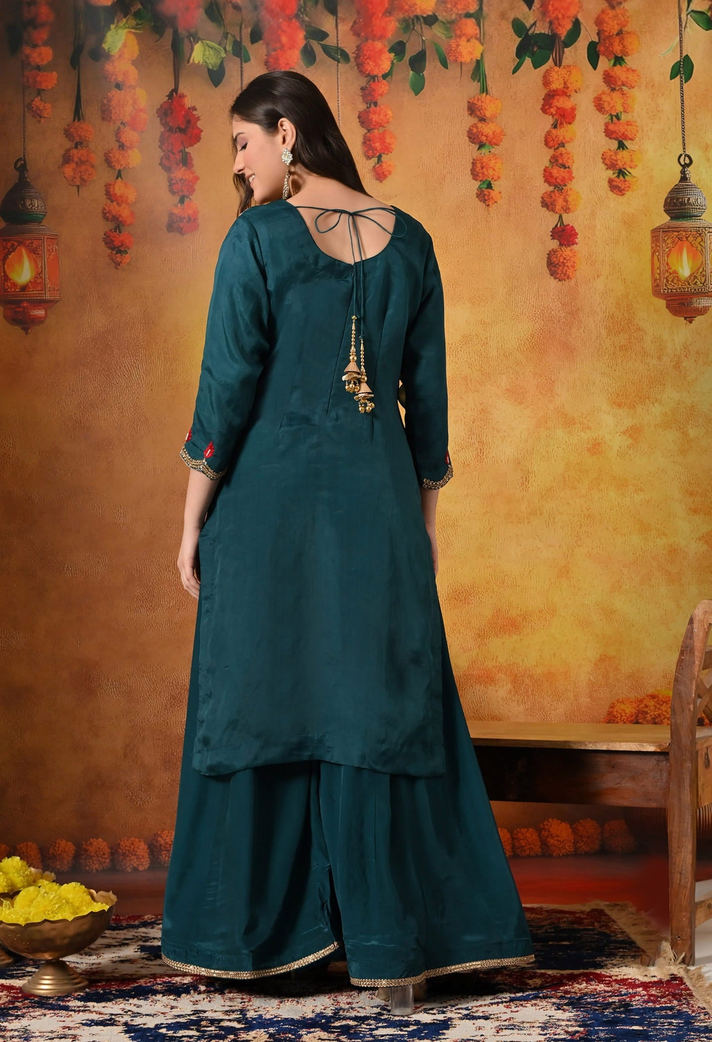 Pine Green Sharara Set with Zardozi, Dabka, Thread, Pearl, and Crystal work.