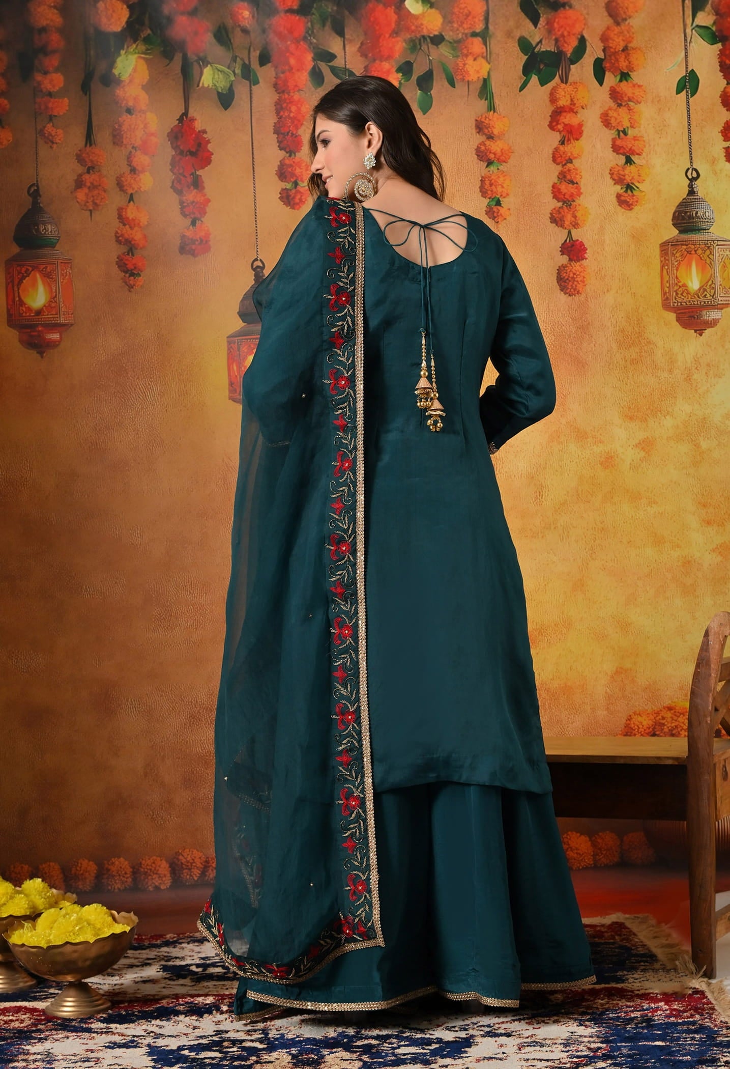 Pine Green Sharara Set with Zardozi, Dabka, Thread, Pearl, and Crystal work.