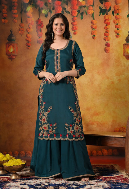 Pine Green Sharara Set with Zardozi, Dabka, Thread, Pearl, and Crystal work.