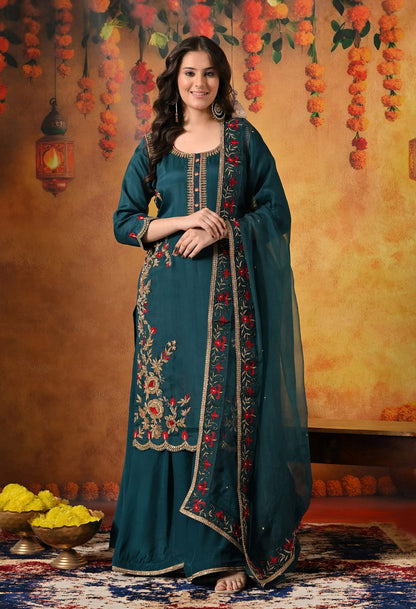 Pine Green Sharara Set with Zardozi, Dabka, Thread, Pearl, and Crystal work.