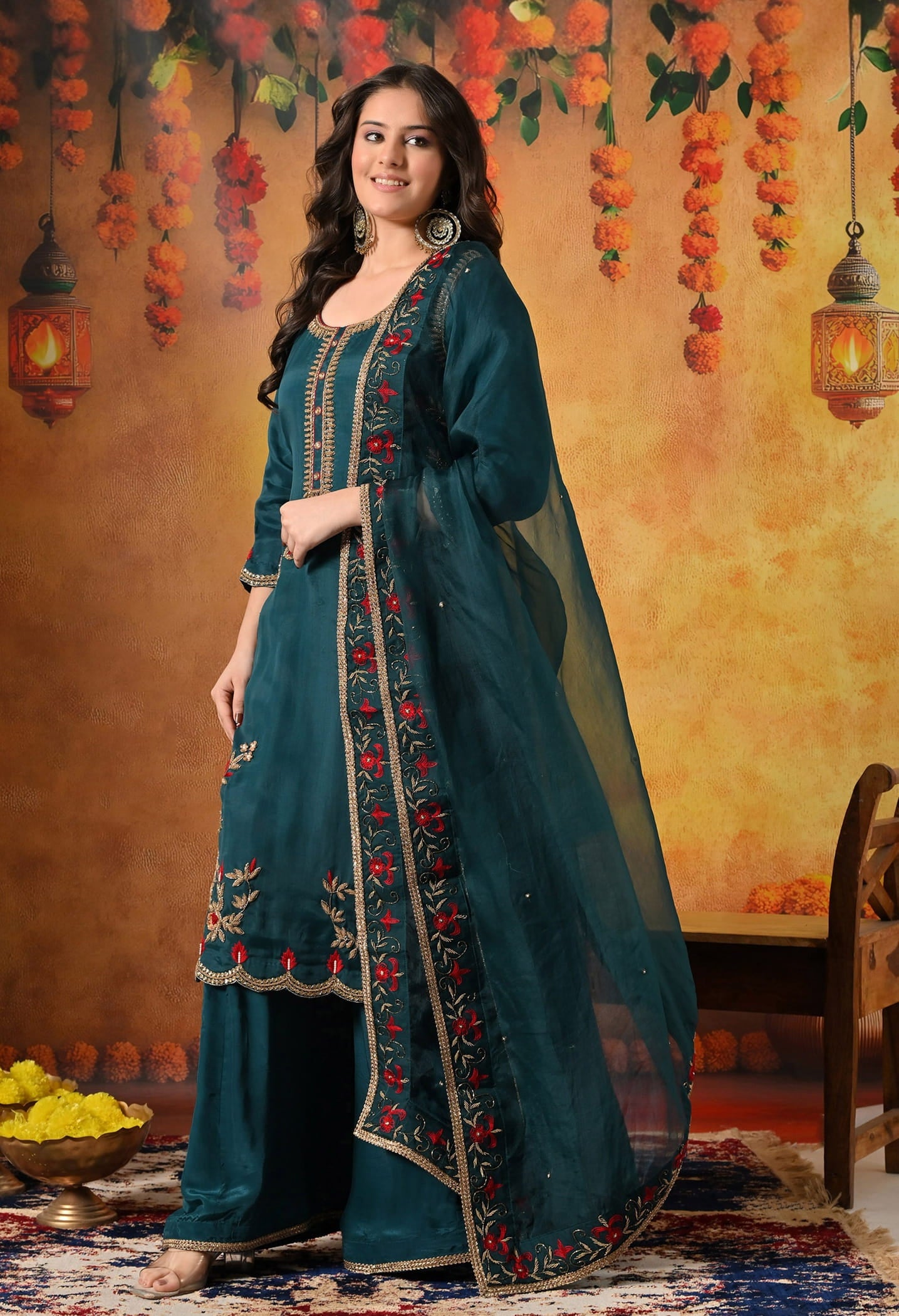 Pine Green Sharara Set with Zardozi, Dabka, Thread, Pearl, and Crystal work.