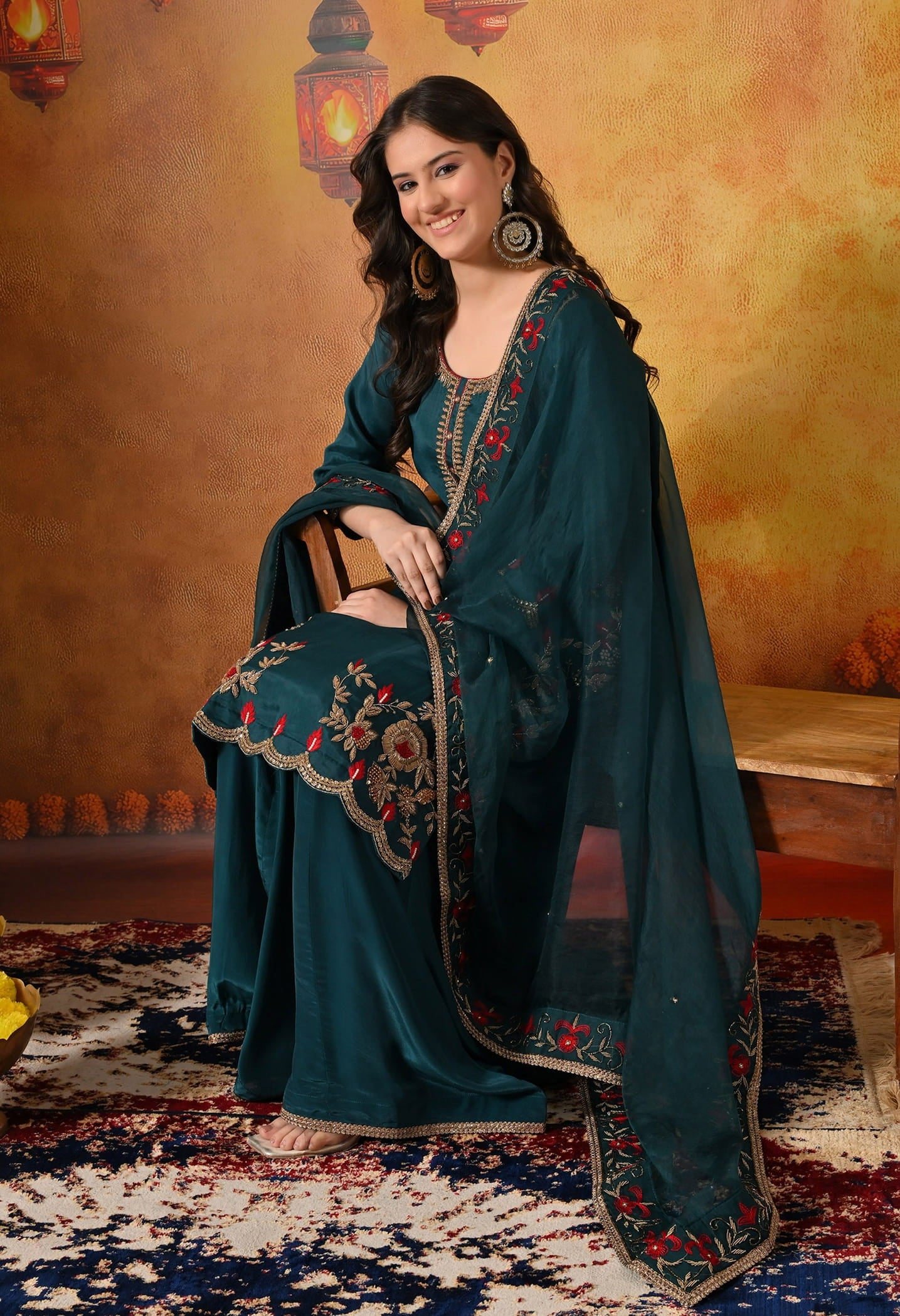 Pine Green Sharara Set with Zardozi, Dabka, Thread, Pearl, and Crystal work.