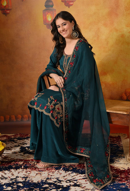 Pine Green Sharara Set with Zardozi, Dabka, Thread, Pearl, and Crystal work.