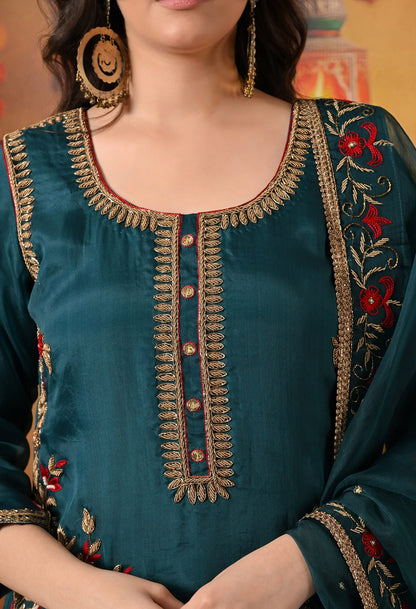 Pine Green Sharara Set with Zardozi, Dabka, Thread, Pearl, and Crystal work.