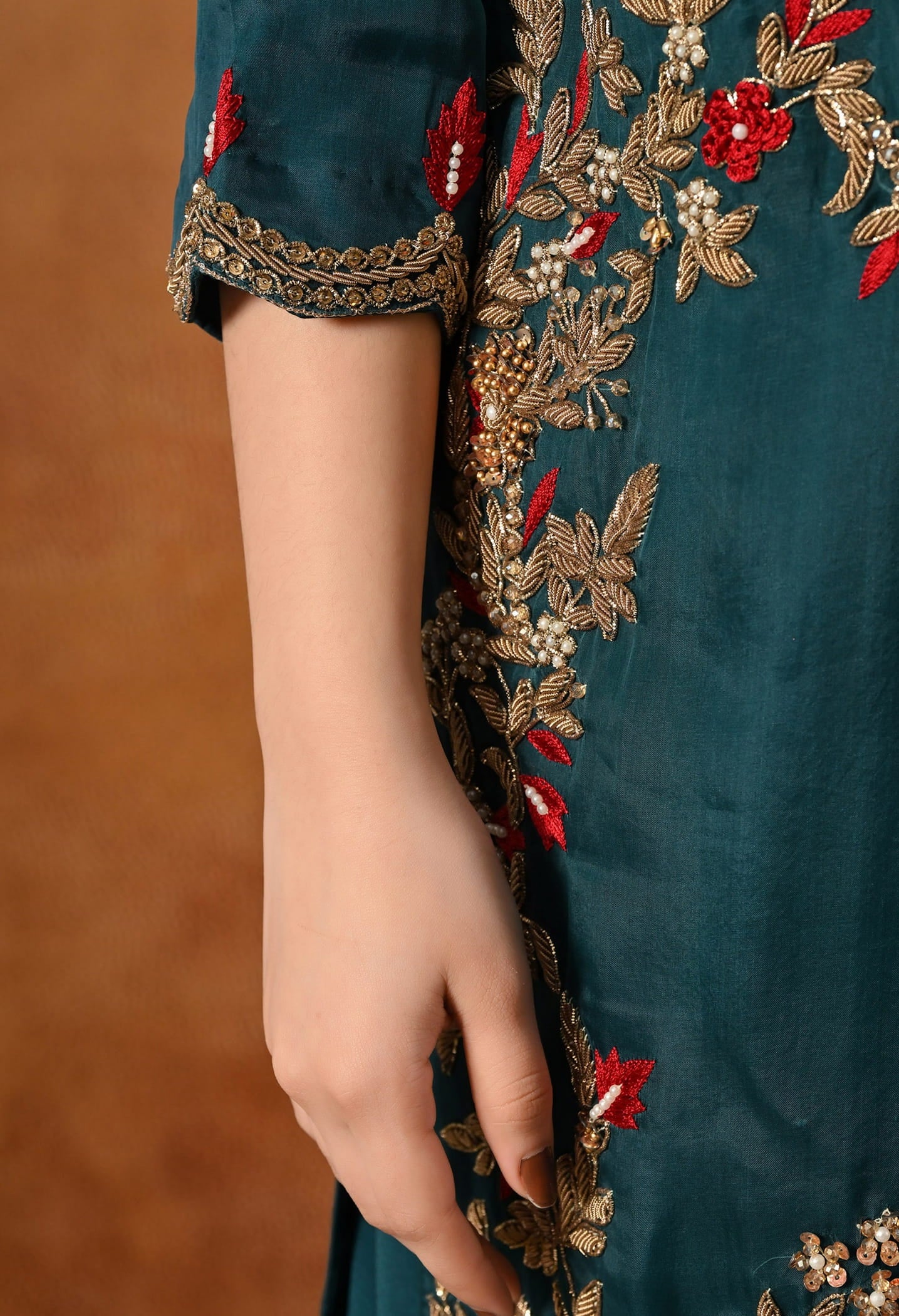 Pine Green Sharara Set with Zardozi, Dabka, Thread, Pearl, and Crystal work.