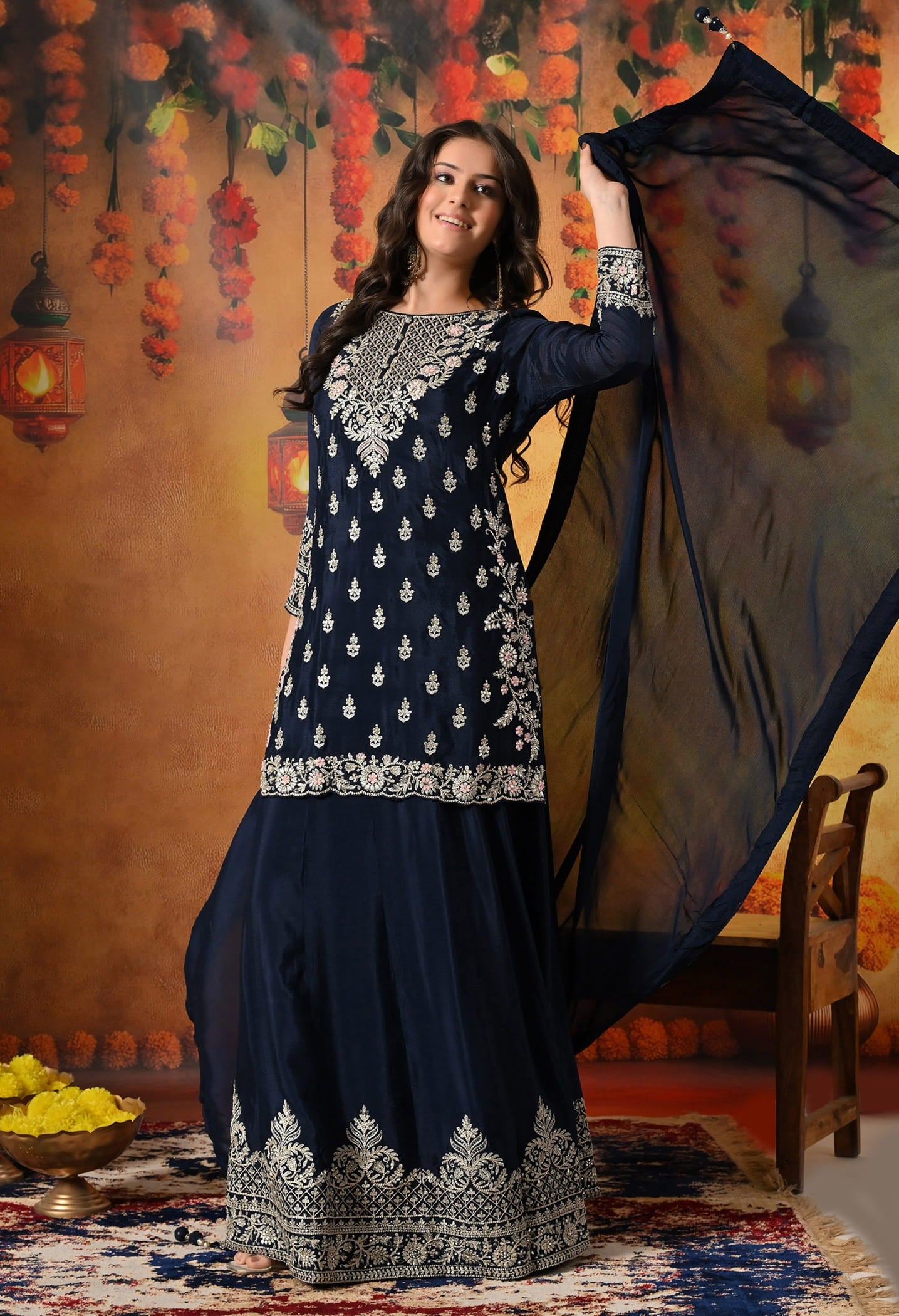 Blue Lehenga Set with Zardozi, Mirror, Sippy, and Sequin work.