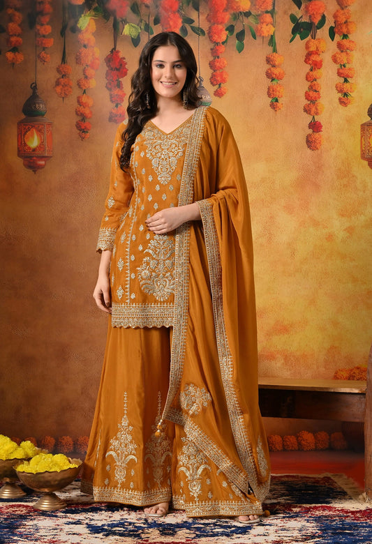 Mustard Yellow Sharara Set with Zardozi, Sequin, and Thread Embroidery.