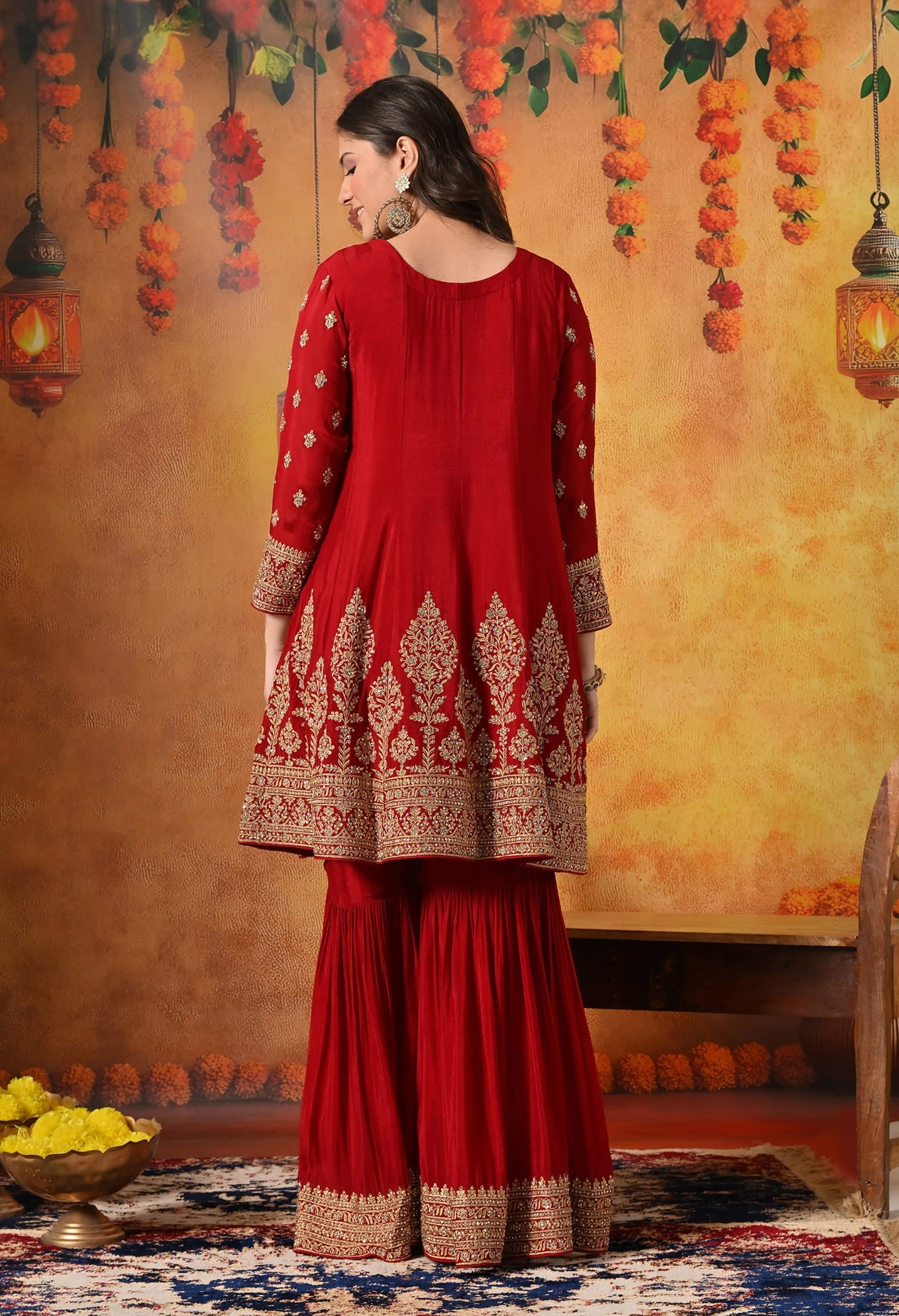 Maroon Gharara Set with Zardozi, Dabka, Sequin, and Mirror work.