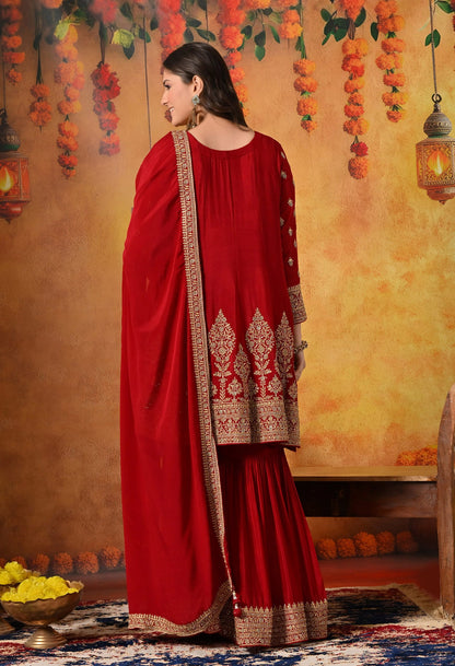 Maroon Gharara Set with Zardozi, Dabka, Sequin, and Mirror work.