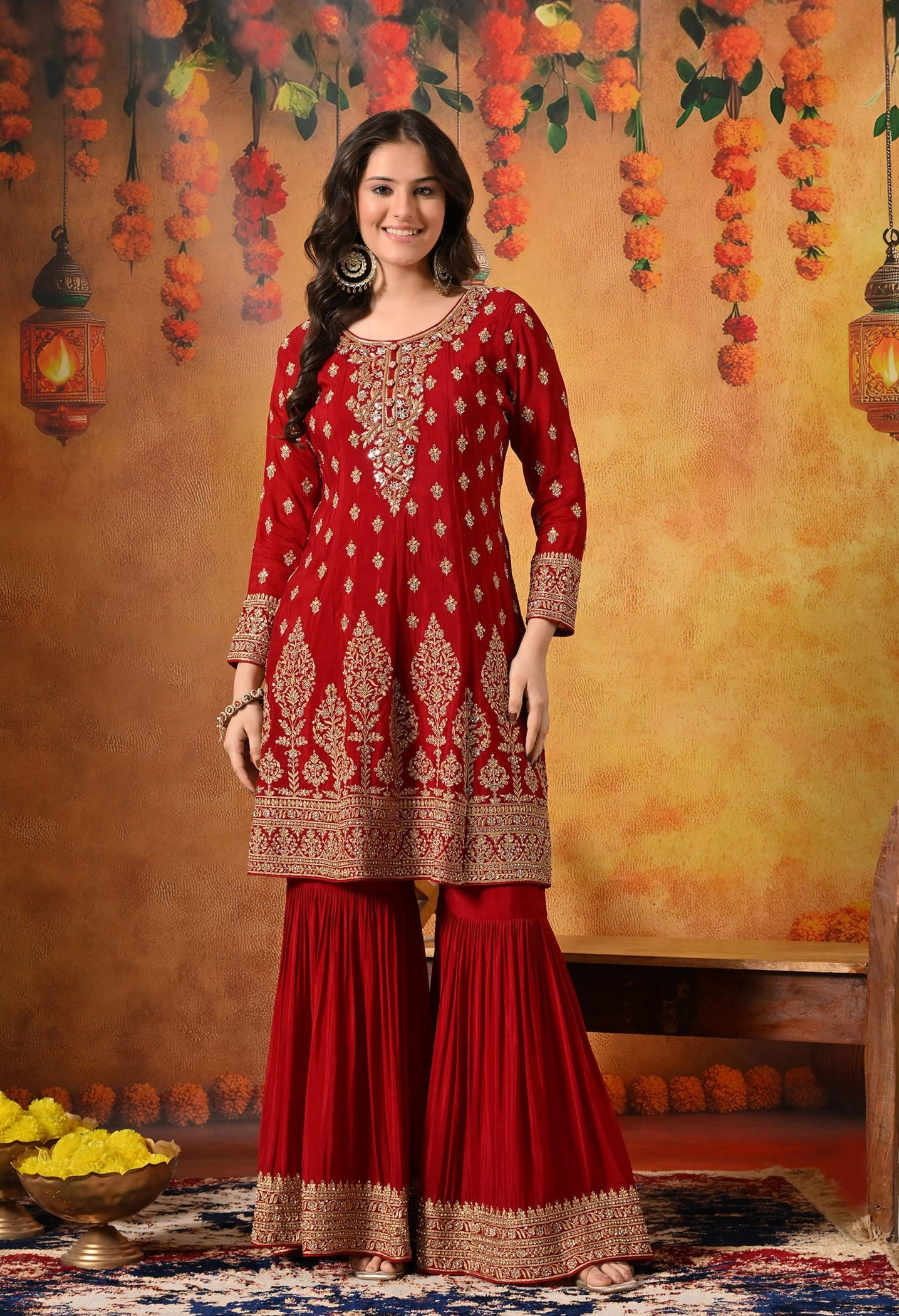 Maroon Gharara Set with Zardozi, Dabka, Sequin, and Mirror work.