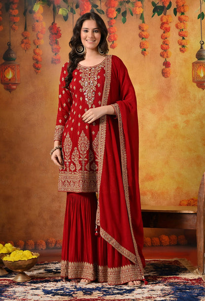 Maroon Gharara Set with Zardozi, Dabka, Sequin, and Mirror work.