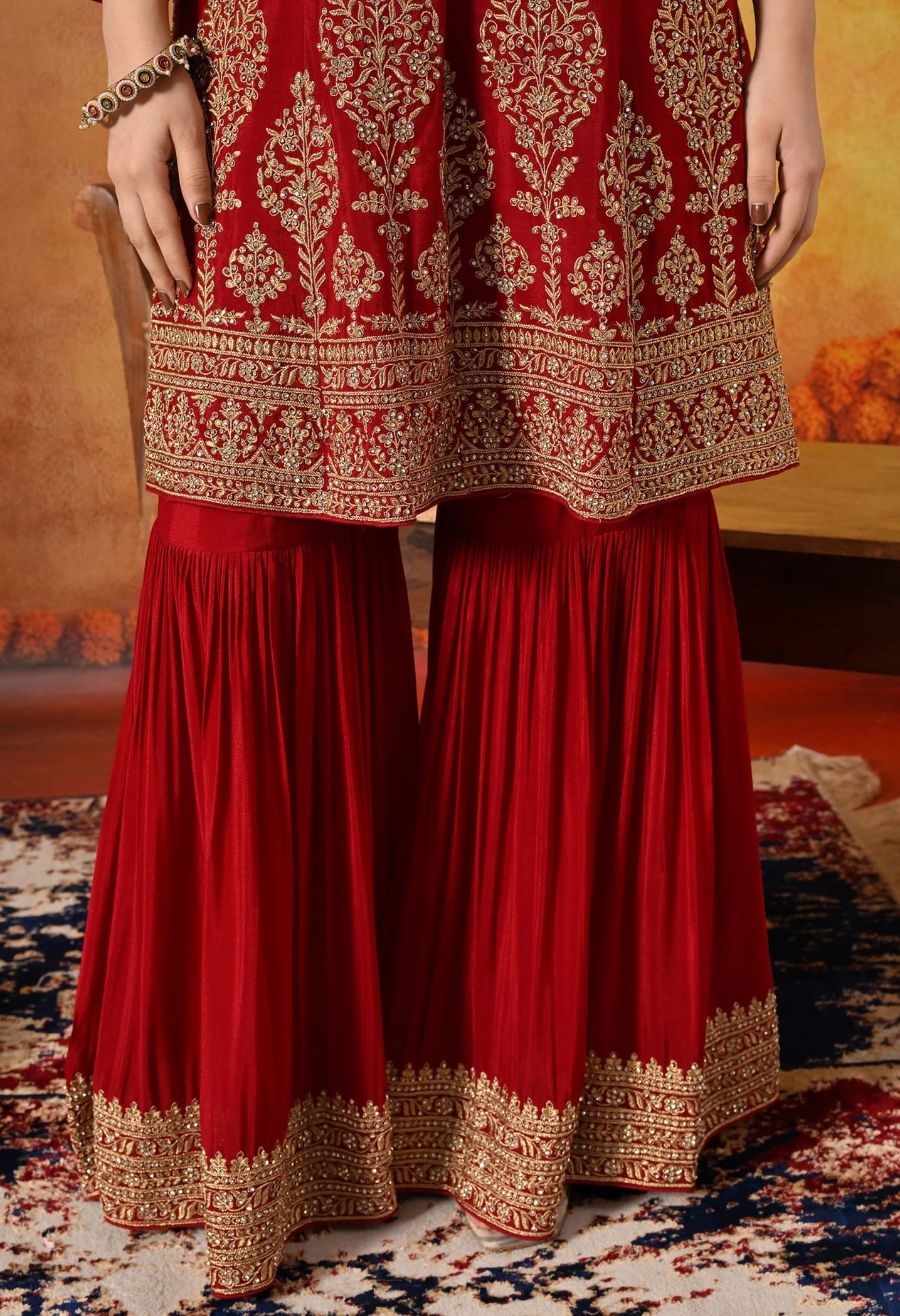 Maroon Gharara Set with Zardozi, Dabka, Sequin, and Mirror work.