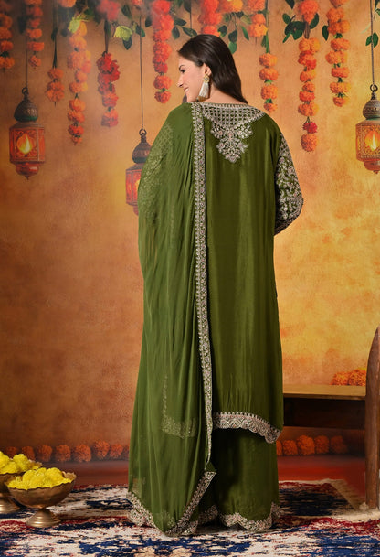 Green Sharara Set with Intricate Zardozi, Crystal, Sequin, and Mirror work.