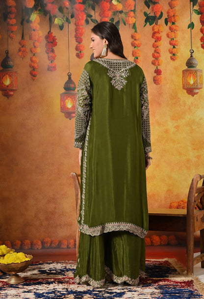 Green Sharara Set with Intricate Zardozi, Crystal, Sequin, and Mirror work.