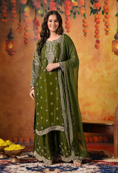 Green Sharara Set with Intricate Zardozi, Crystal, Sequin, and Mirror work.