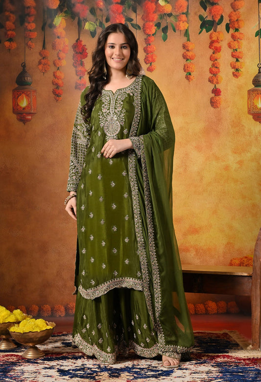 Green Sharara Set with Intricate Zardozi, Crystal, Sequin, and Mirror work.