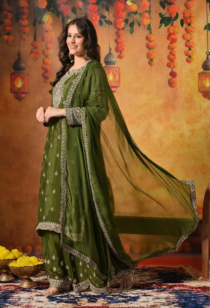 Green Sharara Set with Intricate Zardozi, Crystal, Sequin, and Mirror work.