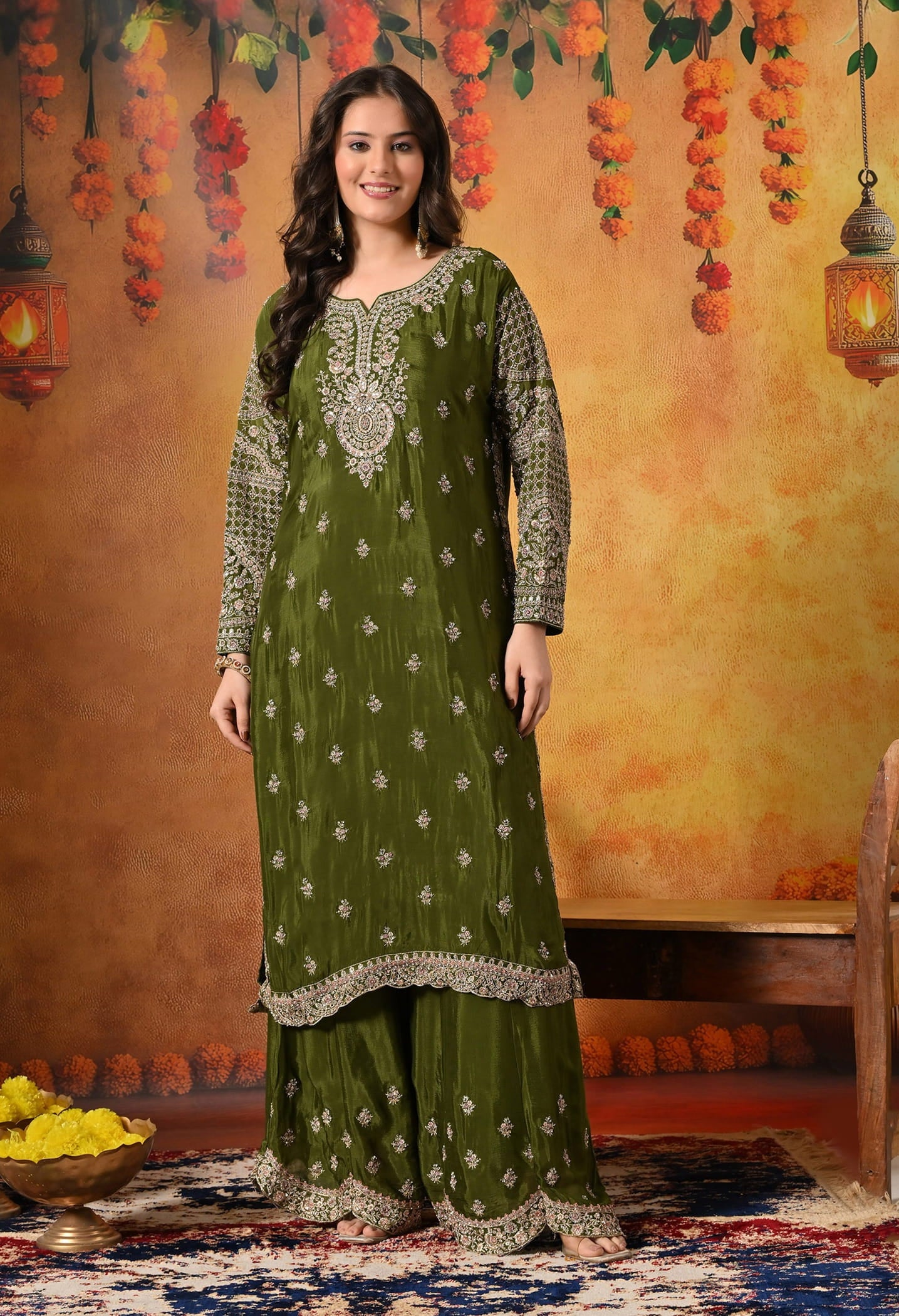 Green Sharara Set with Intricate Zardozi, Crystal, Sequin, and Mirror work.