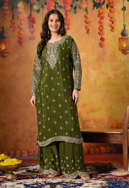 Green Sharara Set with Intricate Zardozi, Crystal, Sequin, and Mirror work.