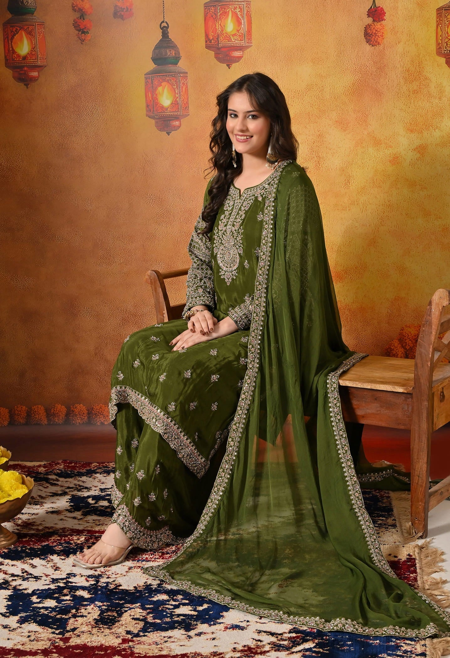 Green Sharara Set with Intricate Zardozi, Crystal, Sequin, and Mirror work.