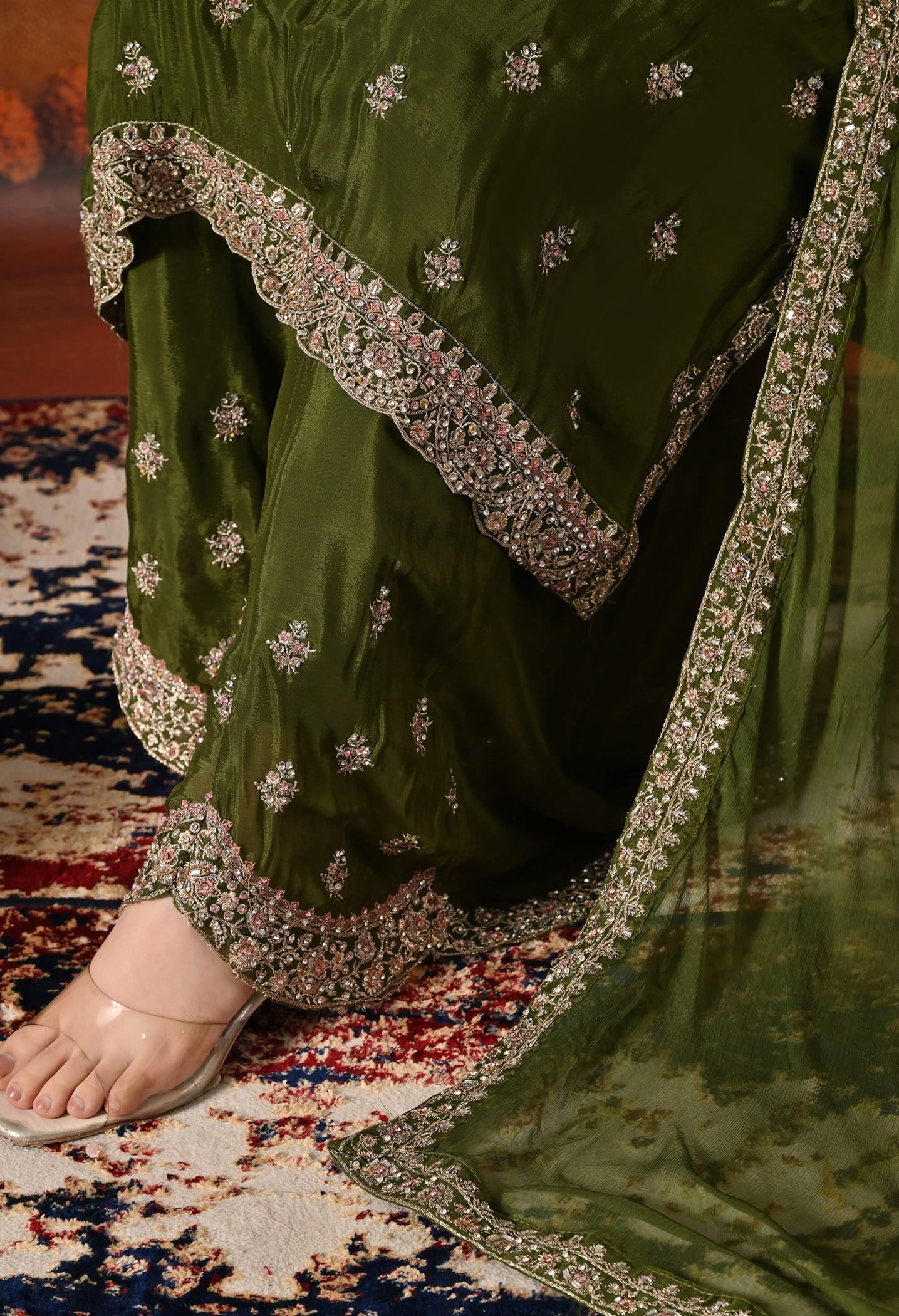 Green Sharara Set with Intricate Zardozi, Crystal, Sequin, and Mirror work.