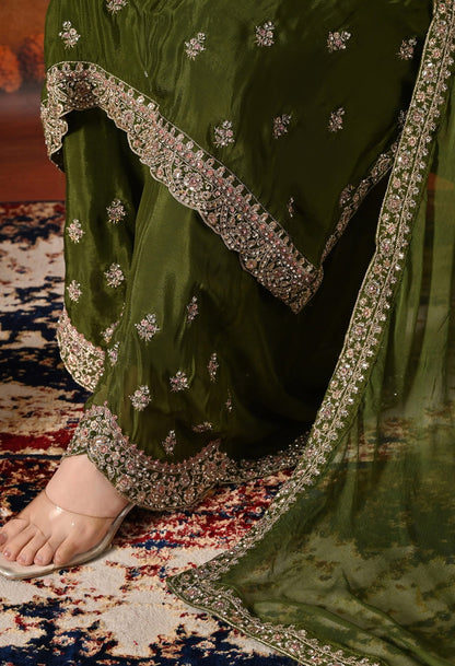 Green Sharara Set with Intricate Zardozi, Crystal, Sequin, and Mirror work.