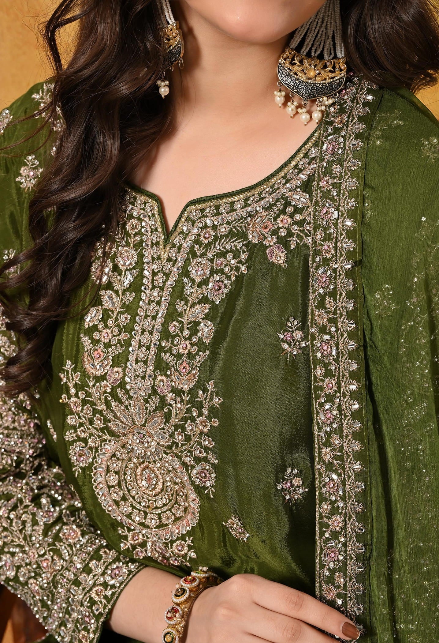 Green Sharara Set with Intricate Zardozi, Crystal, Sequin, and Mirror work.