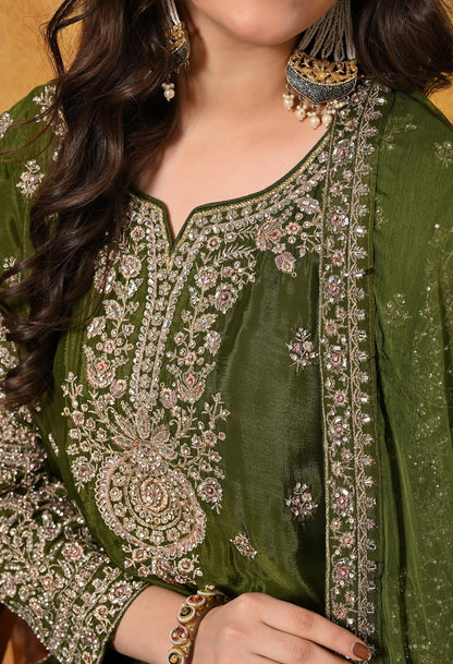 Green Sharara Set with Intricate Zardozi, Crystal, Sequin, and Mirror work.