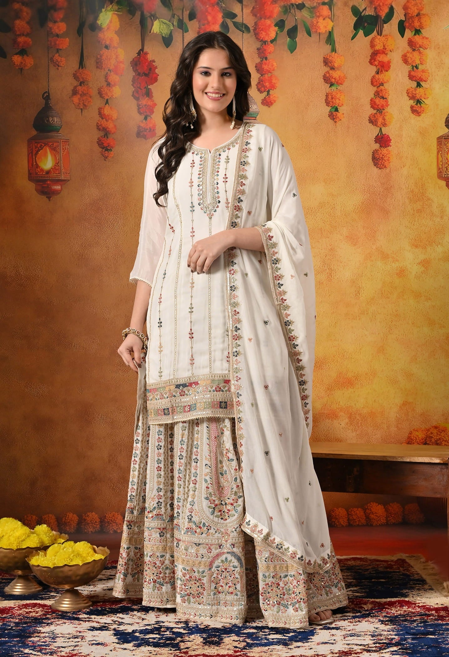 Golden Cream Lehenga Set with Thread, Zardozi, and Sequin Embroidery.