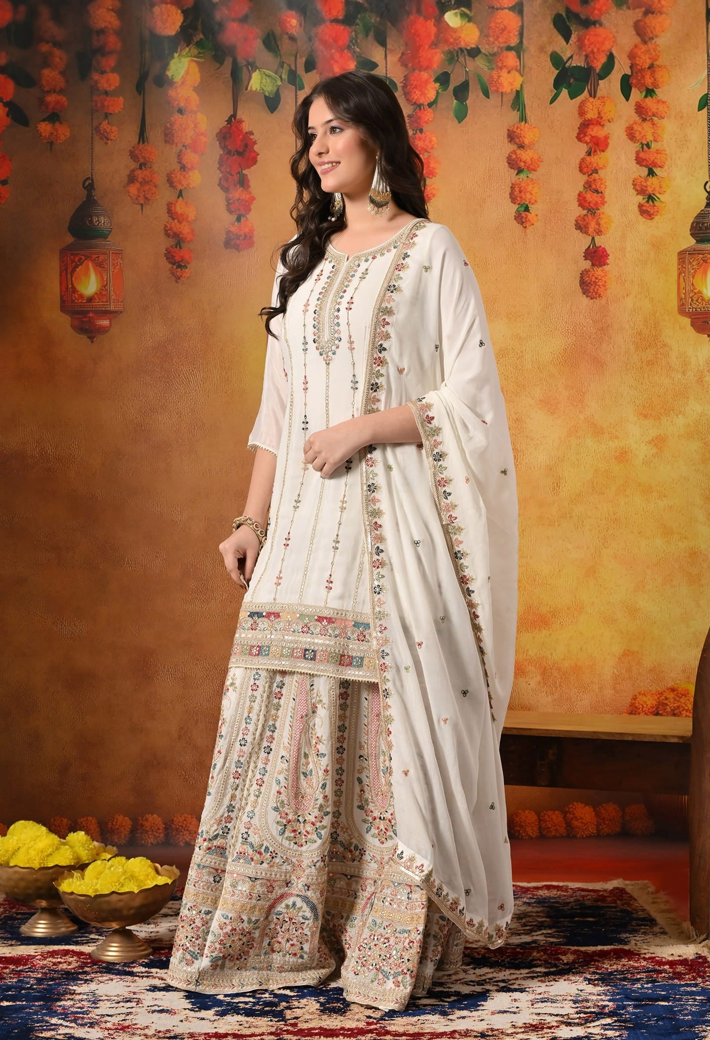 Golden Cream Lehenga Set with Thread, Zardozi, and Sequin Embroidery.