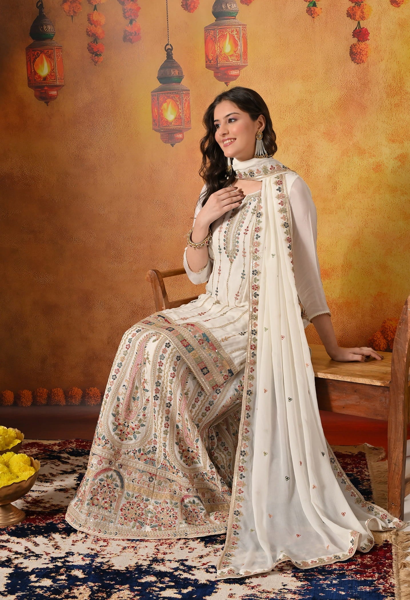 Golden Cream Lehenga Set with Thread, Zardozi, and Sequin Embroidery.