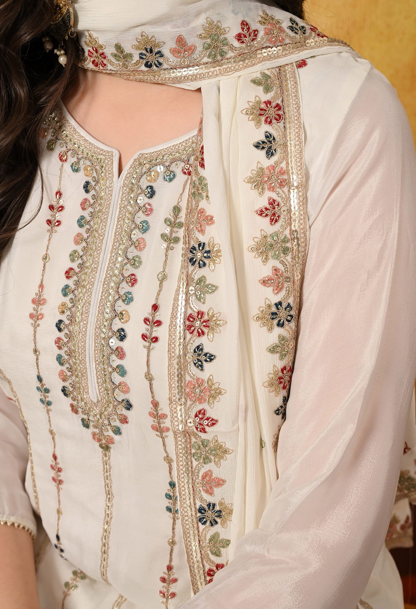 Golden Cream Lehenga Set with Thread, Zardozi, and Sequin Embroidery.