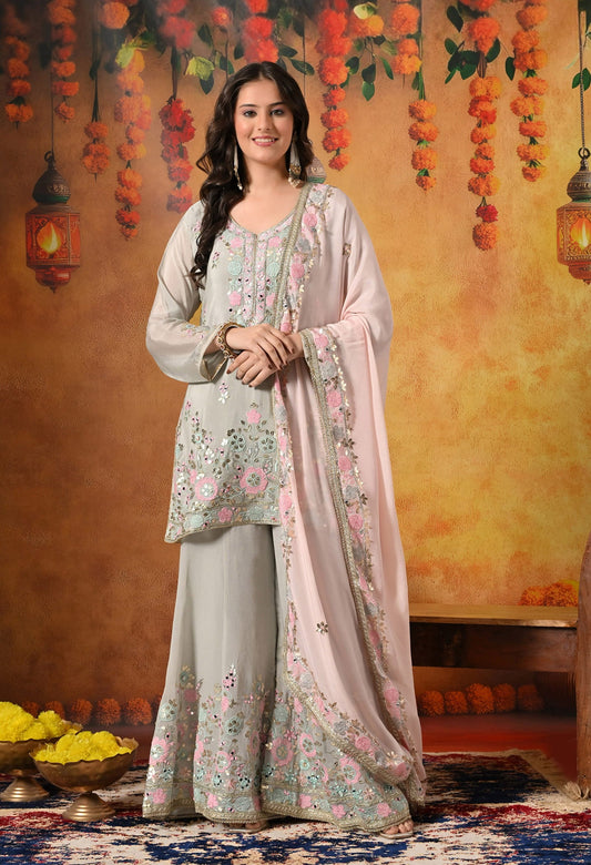 Greenish Grey Sharara Set with Thread, Gotta, and Mirror work