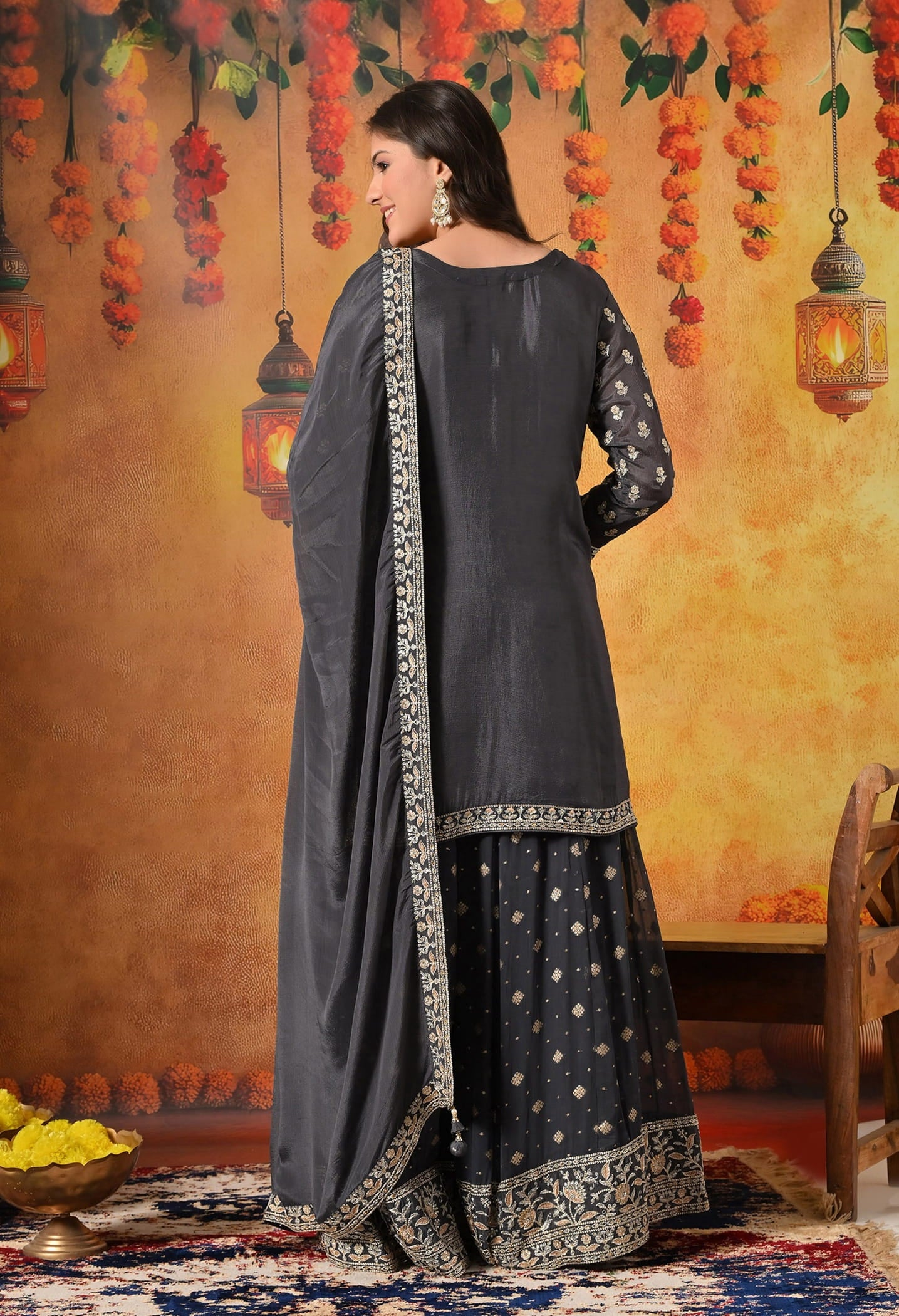 Grey Lehenga Set crafted with Delicate Thread, Zardozi, and Crystal Embroidery.
