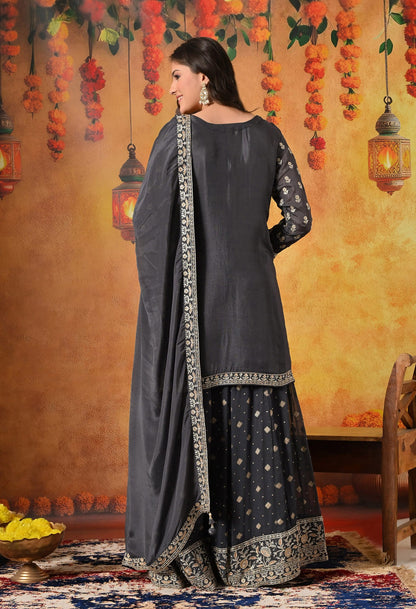 Grey Lehenga Set crafted with Delicate Thread, Zardozi, and Crystal Embroidery.