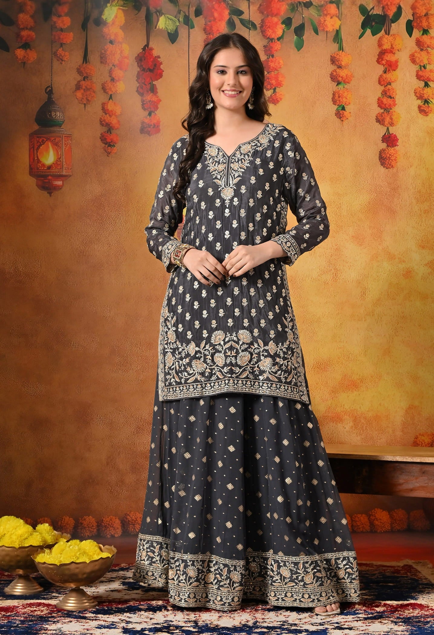 Grey Lehenga Set crafted with Delicate Thread, Zardozi, and Crystal Embroidery.