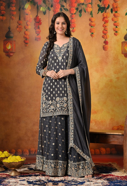 Grey Lehenga Set crafted with Delicate Thread, Zardozi, and Crystal Embroidery.